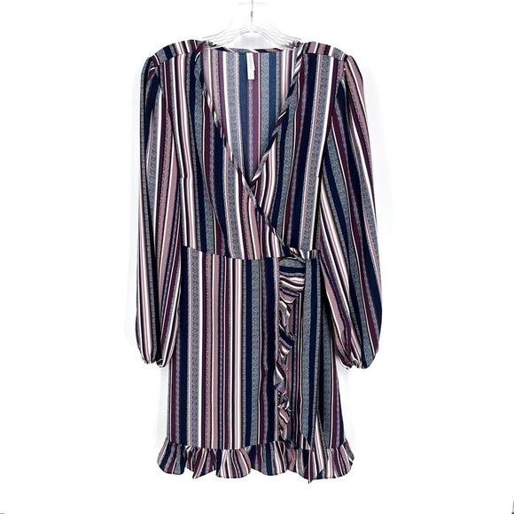 Xhilaration Women's Purple Striped Long Sleeve V-Neck Wrap Dress - Picture 2 of 10